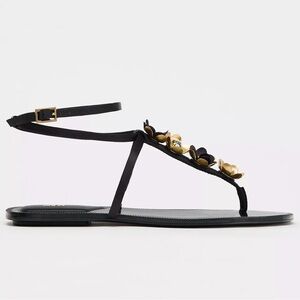 Zara Black T-Strap Sandals with Gold Floral Accents